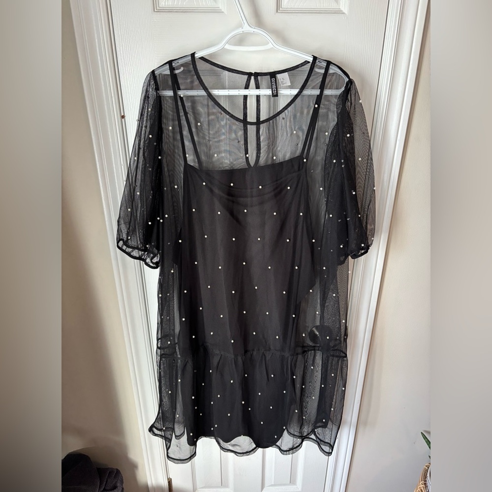 H&M - Black Sheer Dress with White Pearls